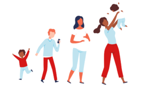 Famille diverse en interaction joyeuse et dynamique.
