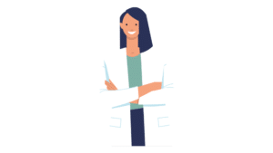 Femme souriante avec des papiers volants.